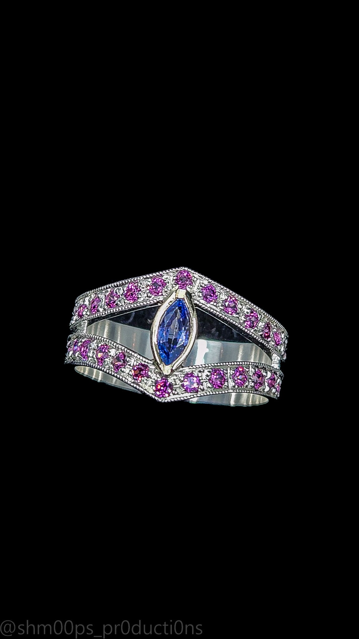 Tanzanite and Rhodolite Garnet Electrum Ring with 14k gold bezel