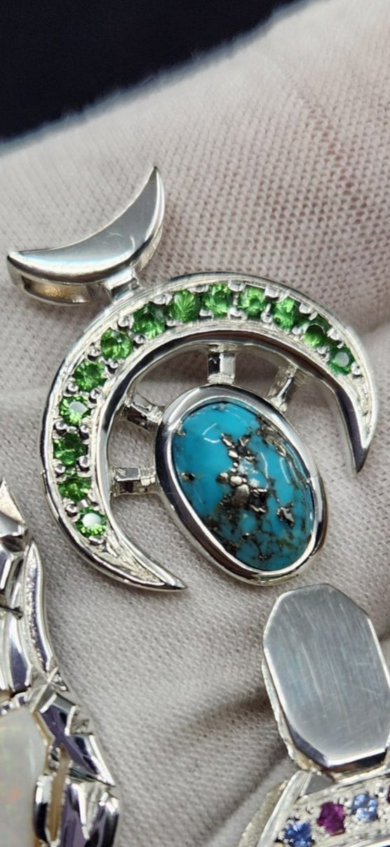 Kingman Turquoise and Tsavorite Garnet Sterling Silver Crescent Pendant