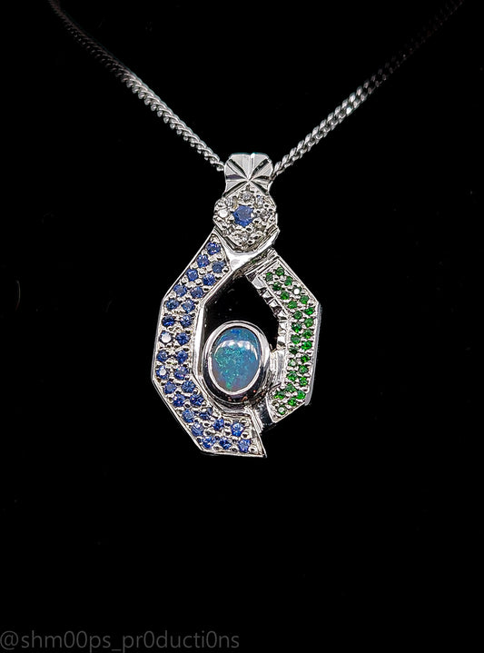 Sterling Silver Australian Opal Pendant Accented with Sapphire, diamond, and tsavorite garnet