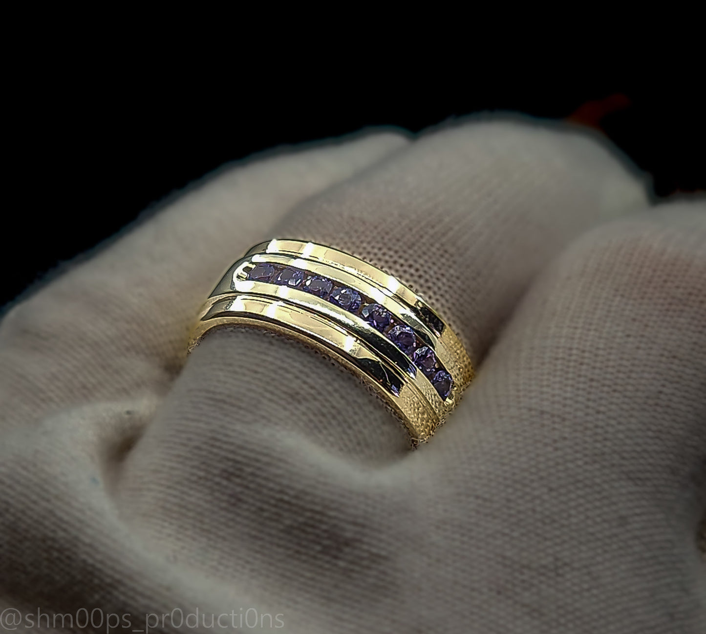 10k White Gold Channel Set Sapphire Ring with 14k yellow gold accents