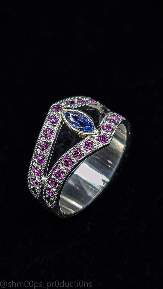 Tanzanite and Rhodolite Garnet Electrum Ring with 14k gold bezel