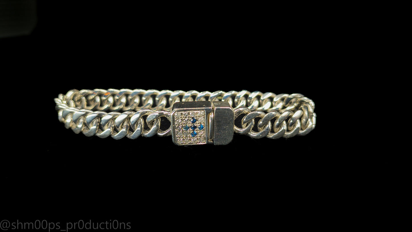 Custom Sterling Silver Miami Cuban Bracelet with Diamonds and Blue Sapphires